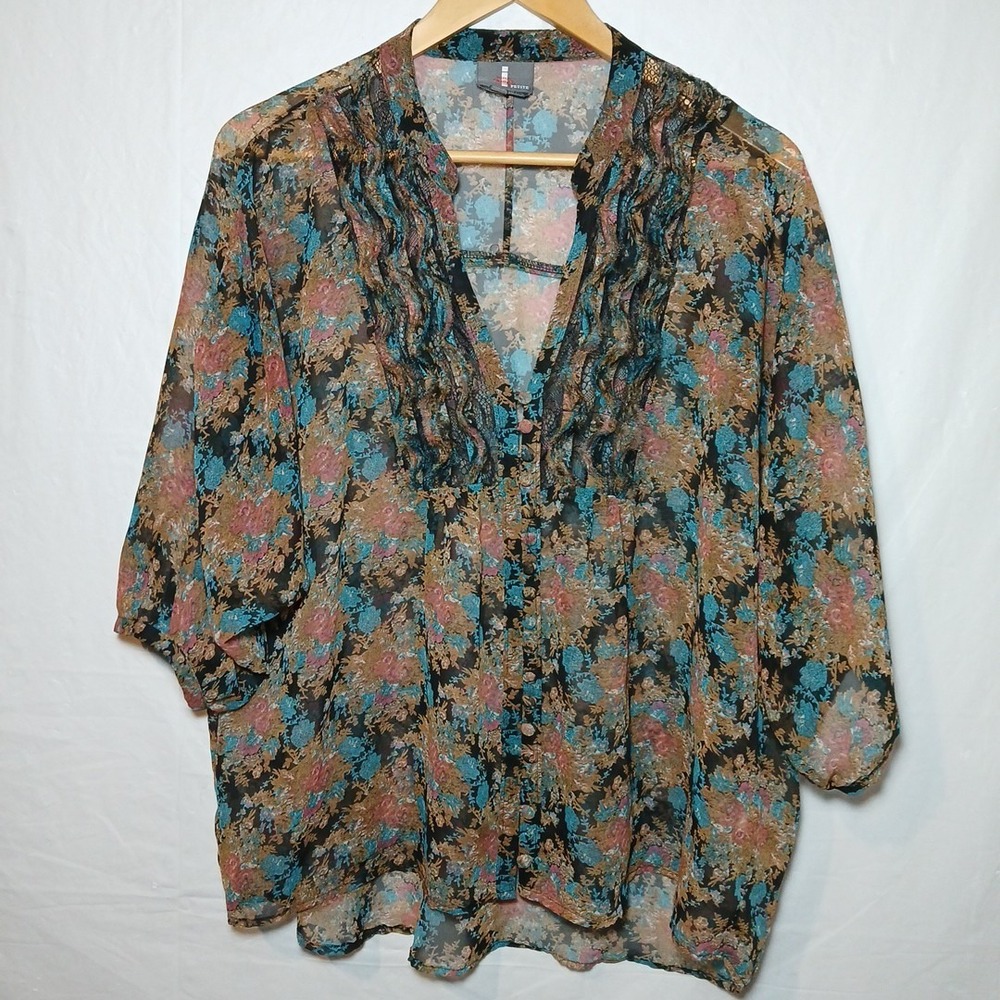 Jeans By Buffalo Top Womens Size XL Petite‎ XLP Sheer Blouse Floral